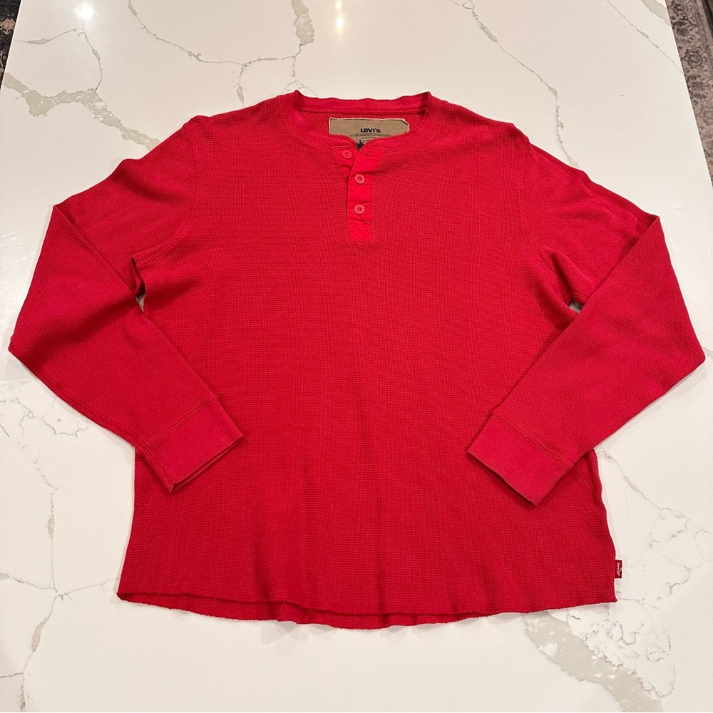 Levi’s Y2K 90s Thermal Waffle Knit Henley Shirt Men M Red Holiday Outdoor Cotton